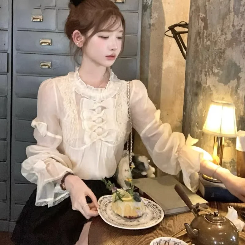 أنيقة الحلو لوليتا نمط البلوزات النساء Kawaii القوس الكشكشة طويلة الأكمام الأميرة قميص Vintage الإناث الكورية بلوزات على الموضة Blusas