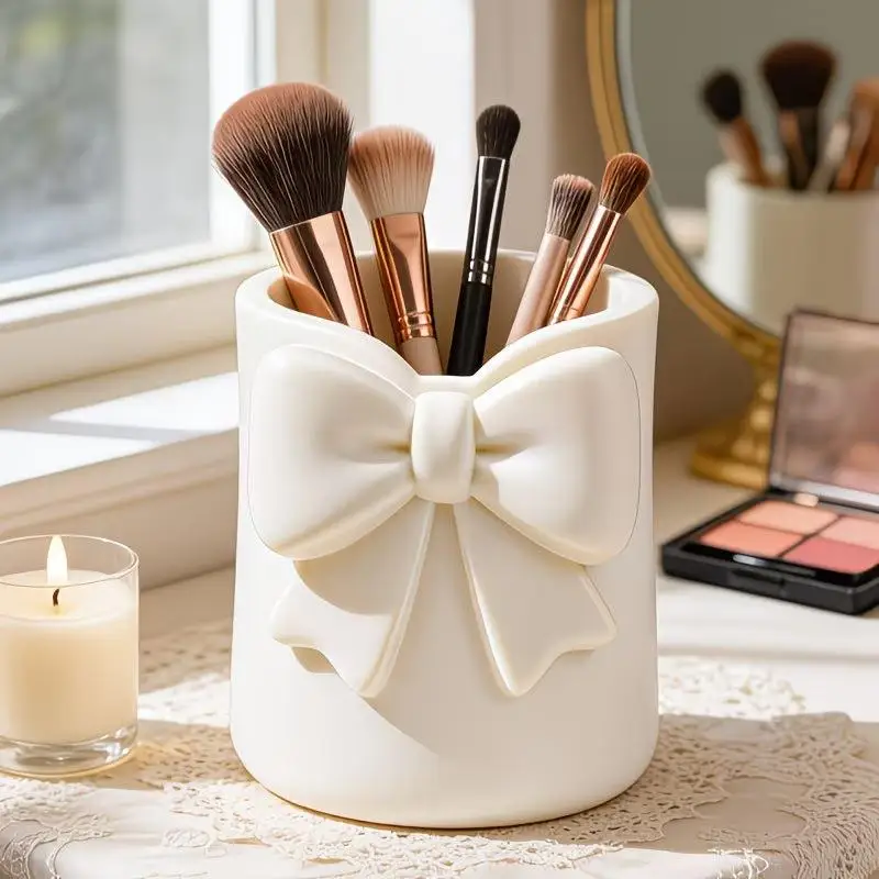 Bowknot Desktop Cosmetic Organizer Scratch-resistant 3D Pen Holder for Makeup Brushes Lipsticks Home Use