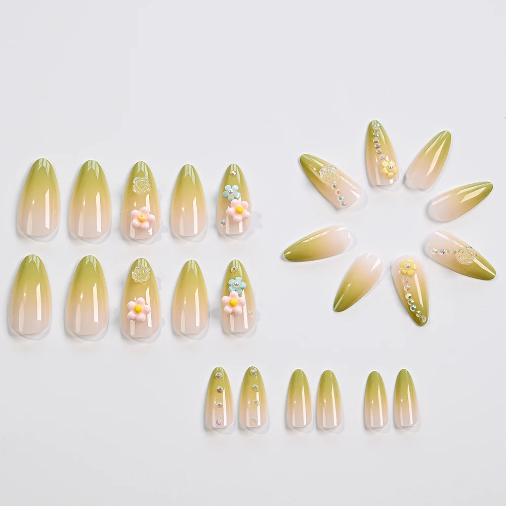 24 ピース/セット 3D フレンチグリーングラデーションプレスオンネイルロングアーモンド再利用可能な接着剤偽爪人工アクリルフルカバーネイル Ti