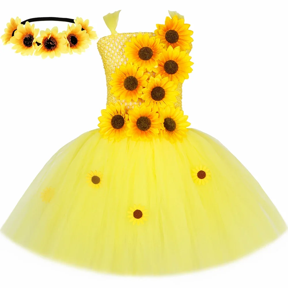 Fall Autumn Sunflower Fairy Princess Dress for Girls Thanksgiving Holiday Party Costume Set Yellow Kids Flower Girl Tutu Dresses