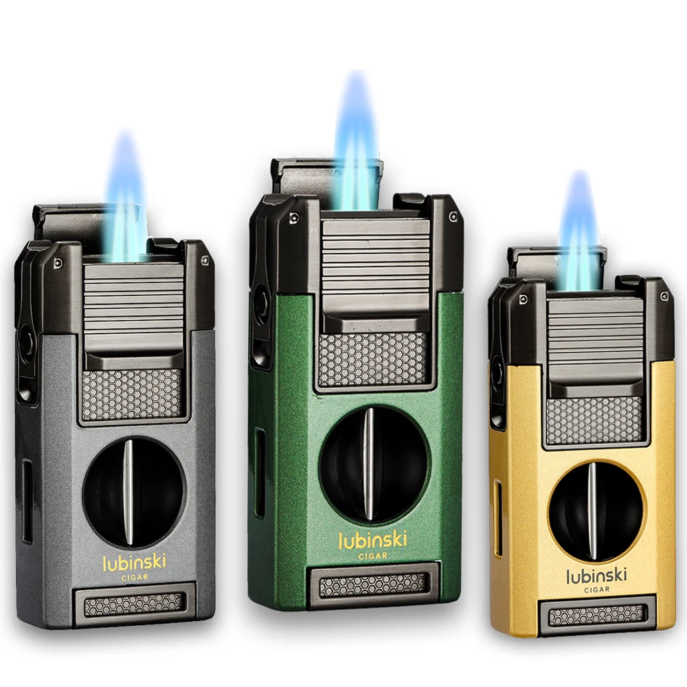 

LUBINSKI 2 Torch Lighter Portable Metal V Cutter Cigar Lighter Butane Gas Jet Blue Flame Needles Punch Cigar Lighters