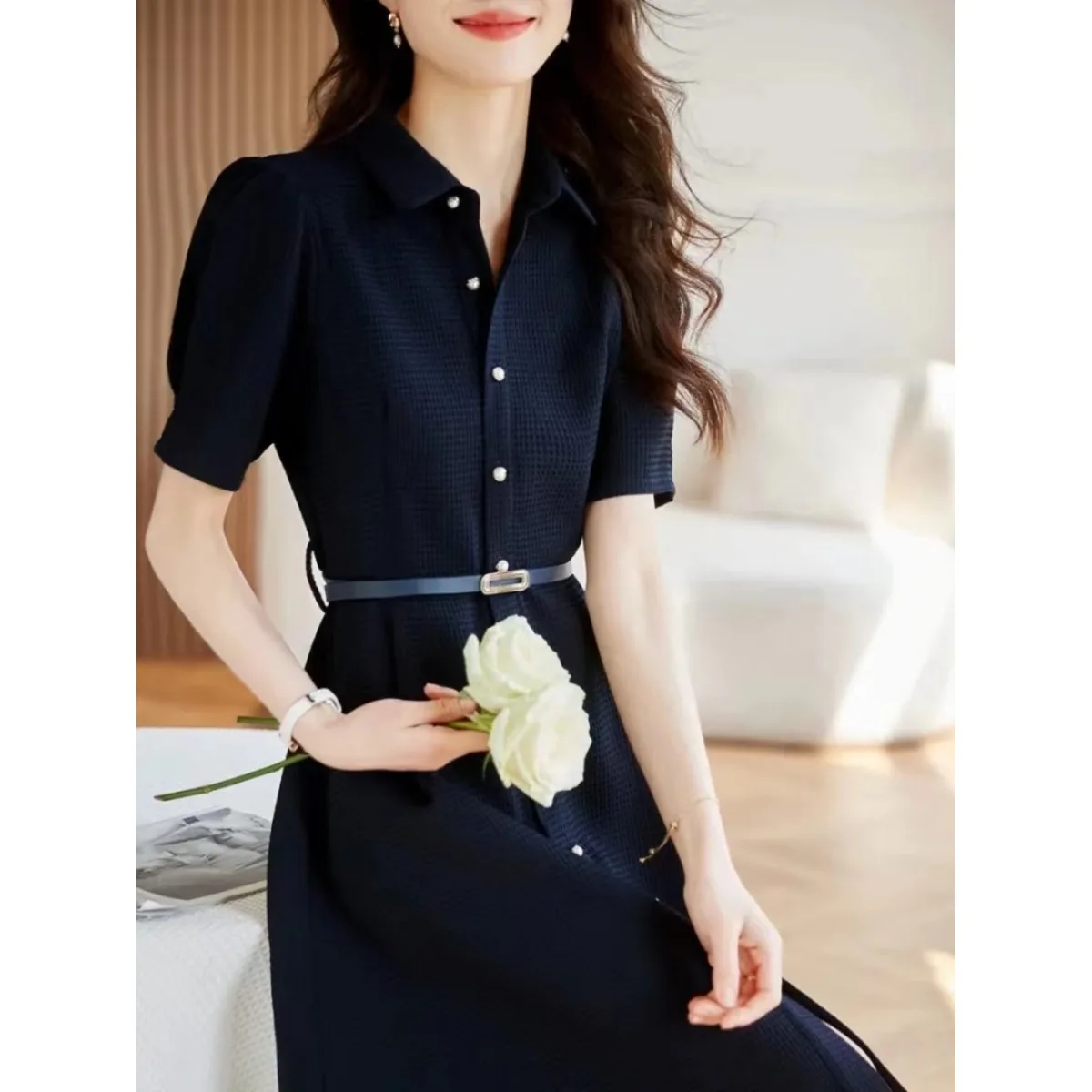Outlet Store Ropa de trabajo irt Dr Slim Fit para mujer, elegancia de verano, cintura alta, corte en A, Midi Dr, cierre de un solo botón, Color puro