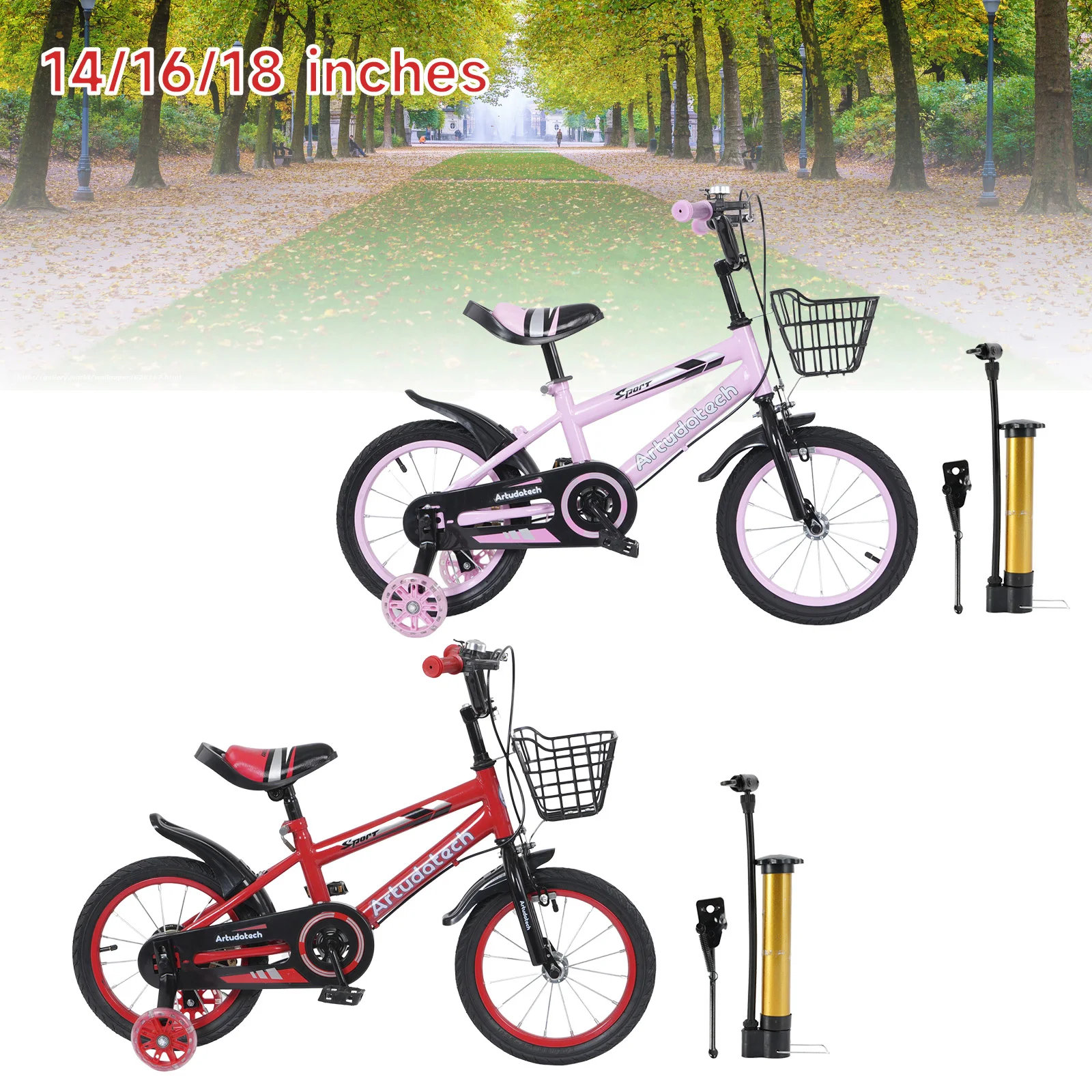 

Детский велосипед Artudatech 14/16/18 дюймов, детский велосипед для мальчиков и девочек с тренировочным колесом, розовый/красный