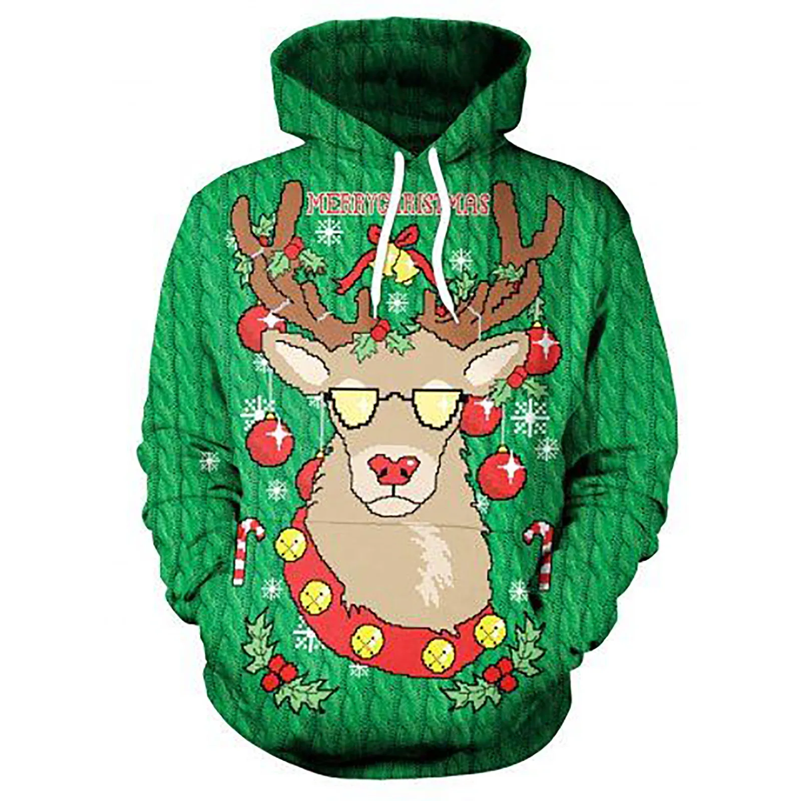 

3D Reindeer Print Christmas Hooded Sweatshirt Christmas Holiday Hooded Adult Sports Casual Hip Hop Streetwear Windproof