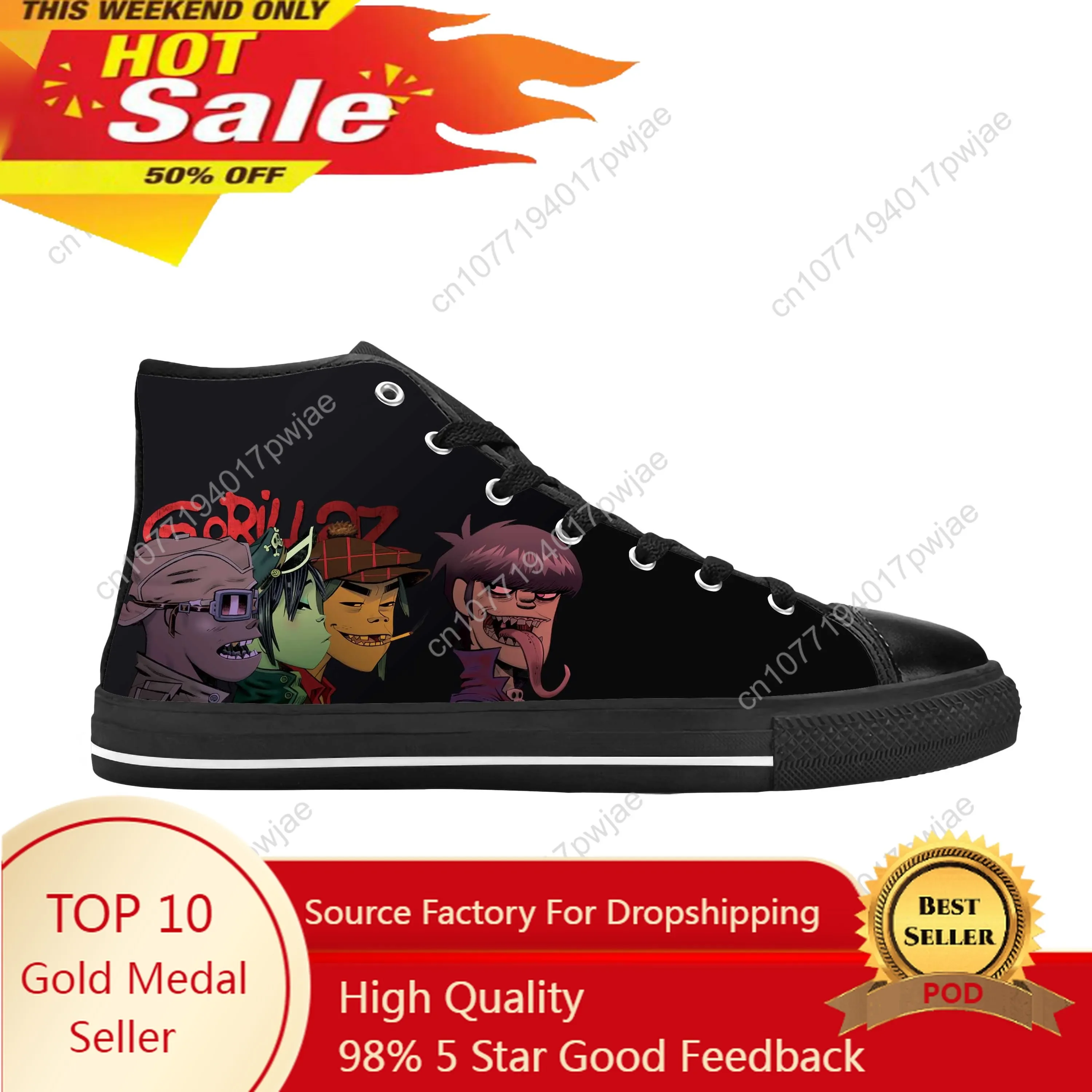 Gorillaz UK Rock Band Hip-Hop Rap Music Gorillazs Casual Cloth Shoes High Top Comfortable Breathable 3D Print Men Women Sneakers