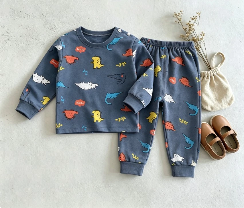 Spring Autumn Children Sleepwear Set Kid Long Sleeve Crew Neck Shirt + Jogger Pants Children Cartoon Pattern Baby Loungewear Set