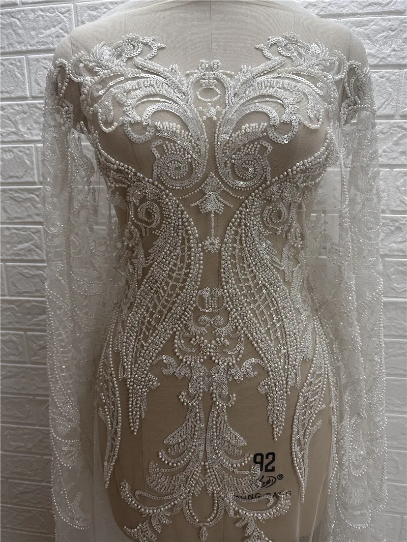 Gorgeous Heavy Beads High Quality Beaded Sequins Pearls white lace fabric embroidered for wedding dresses Sell By  Yard