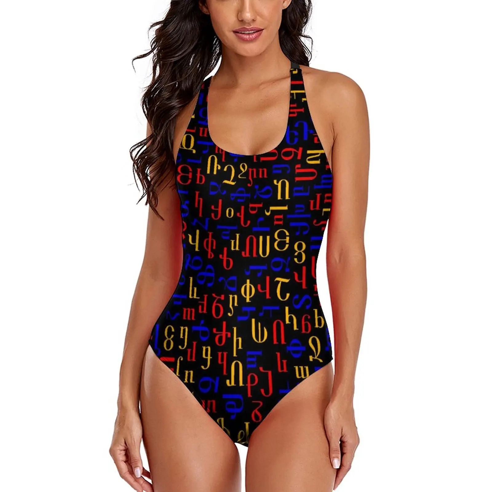 

Colorful Letter Print Swimsuit Sexy Armenian Alphabet One Piece Swimwear Push Up Bodysuit Novelty Monokini Birthday Present