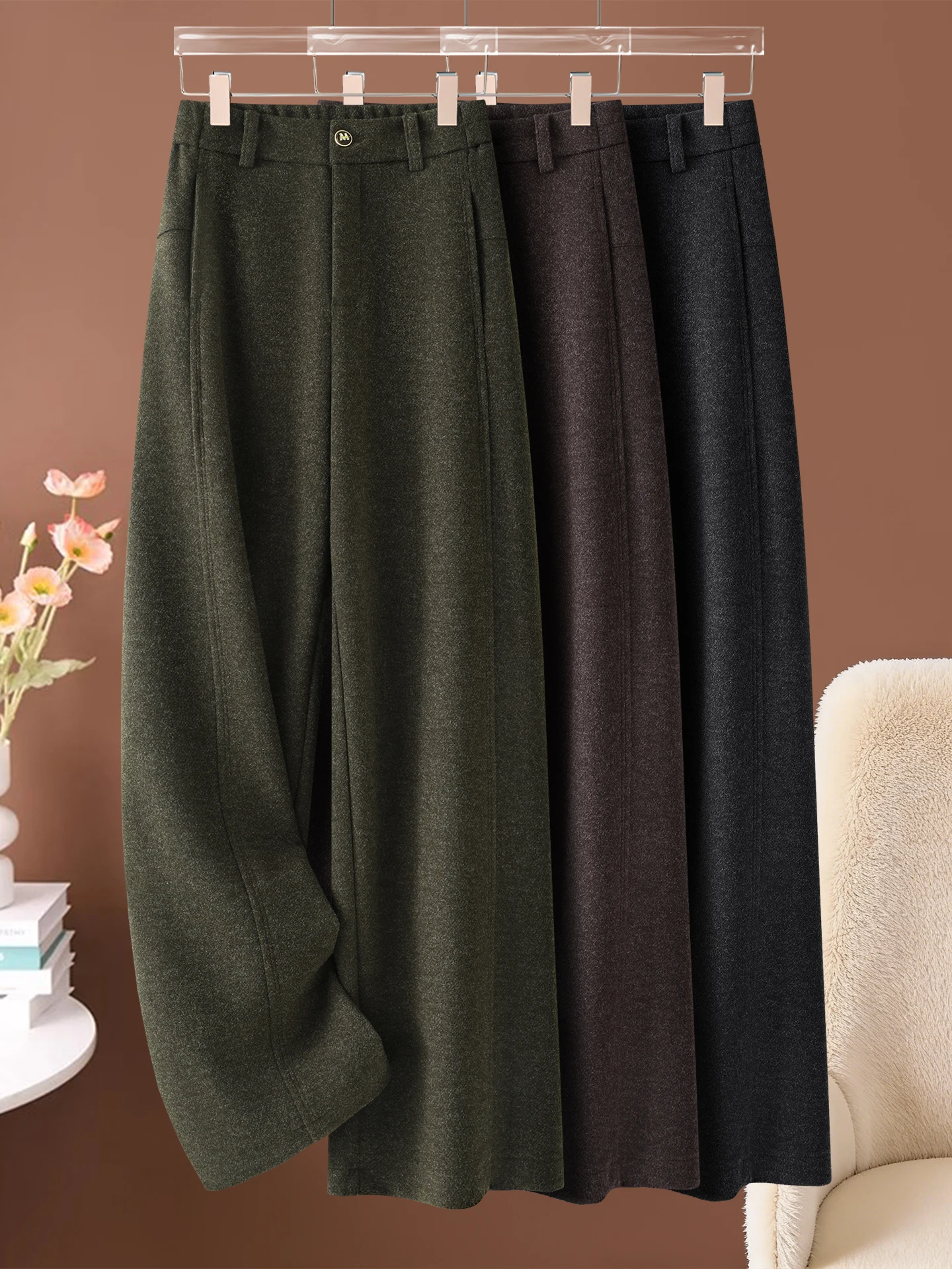 

Мягкие шерстяные брюки-палаццо с высокой талией для женщин, осенне-зимняя новинка, прямые, свободные, из флиса, повседневные, в стиле «рисовая лапша»