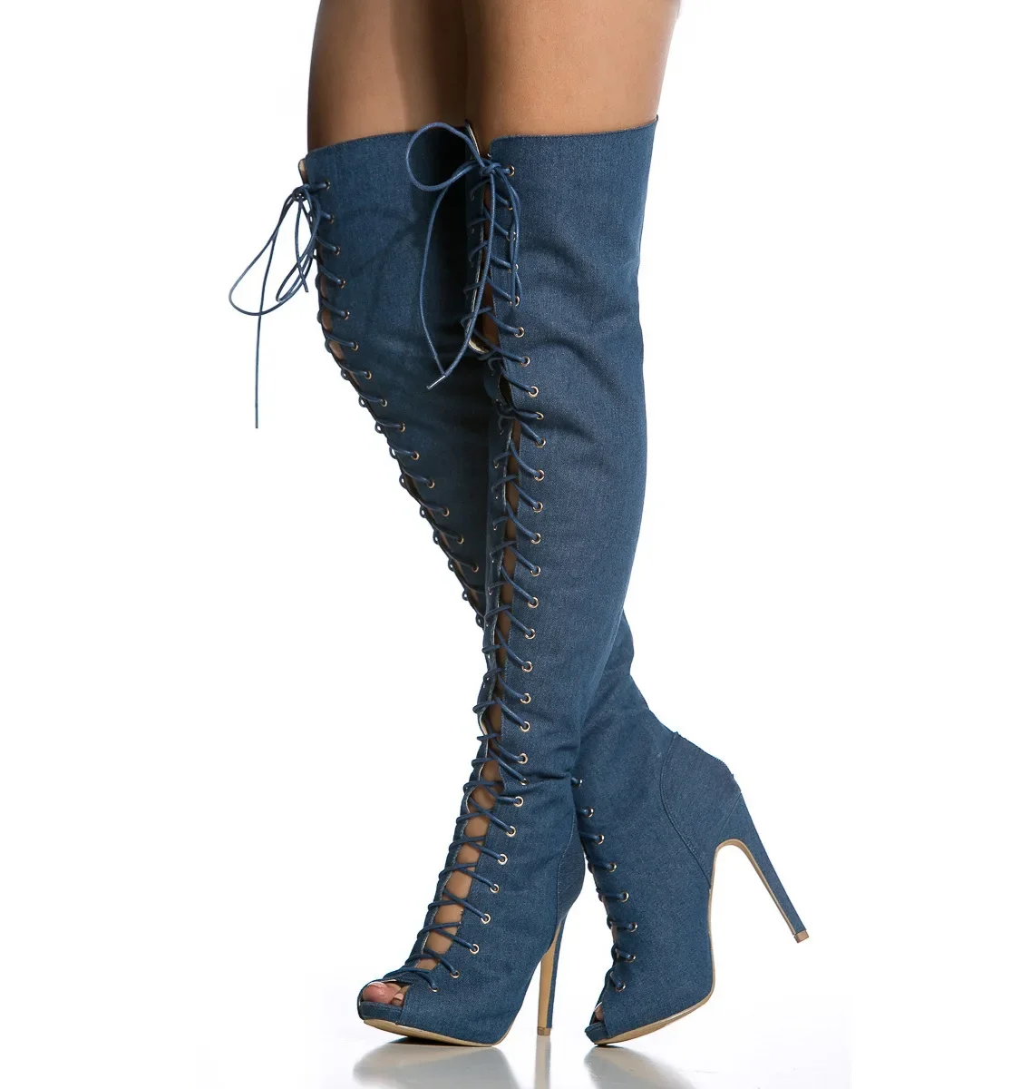 

Denim Strappy Female Shoes Women Blue Cowboy Long Boots Back Zipper Over Knee Bota Feminina Canvas Peep Toe Tacones Para Mujer