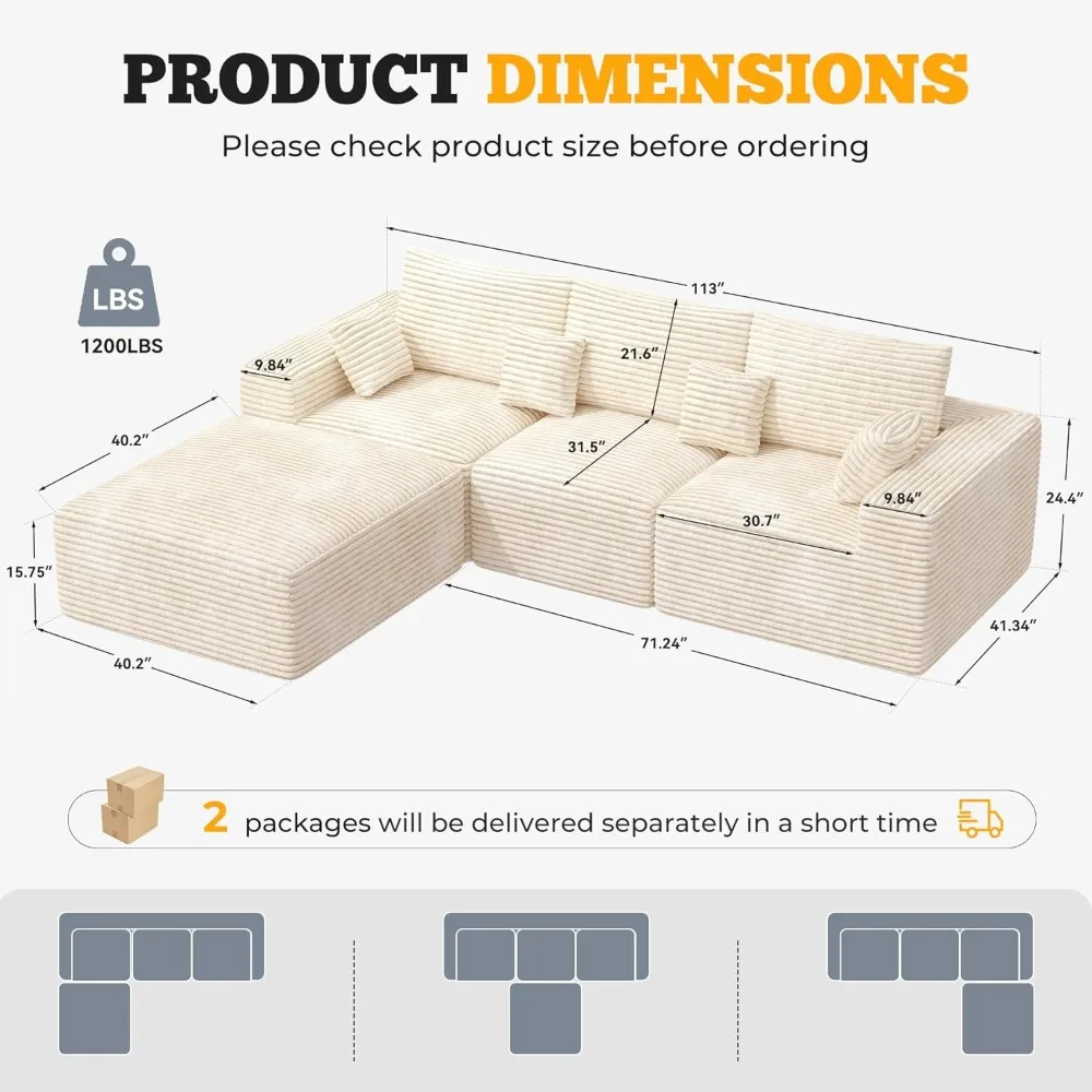

113" Modular Sectional Sofa, Convertible L-Shaped Cloud Couches for Living Room with Ottoman, 4 Seater Corduroy, Customized