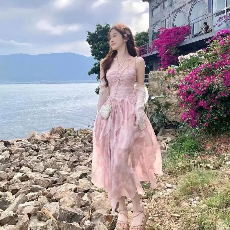 

Fairy style halo dyed floral irregular hem vacation long dress hanging neck pink girl beach vacation style dress 2024 new