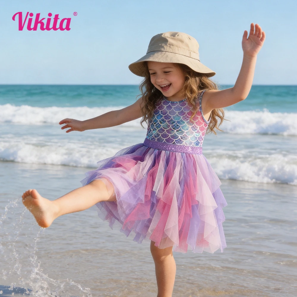 VIKITA Girls Mermaid Print Dress Kids Sleeveless Summer Vestidos Girls Patchwork Dresses Kids Layered Mesh Tulle Cake Dress