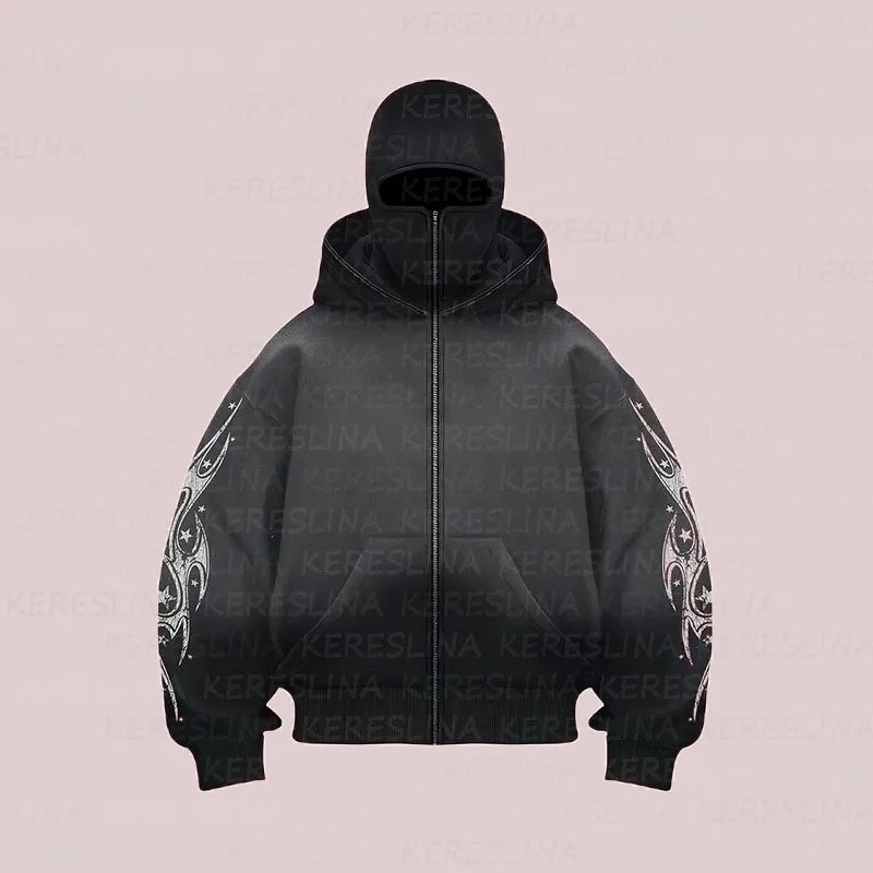 Y2k Vintage Winter Streetwear Couple Tops Balaclava Integrated Hoodie Men Soild Color Ninja Pullover Hip Hop Splicing Sweatshirt