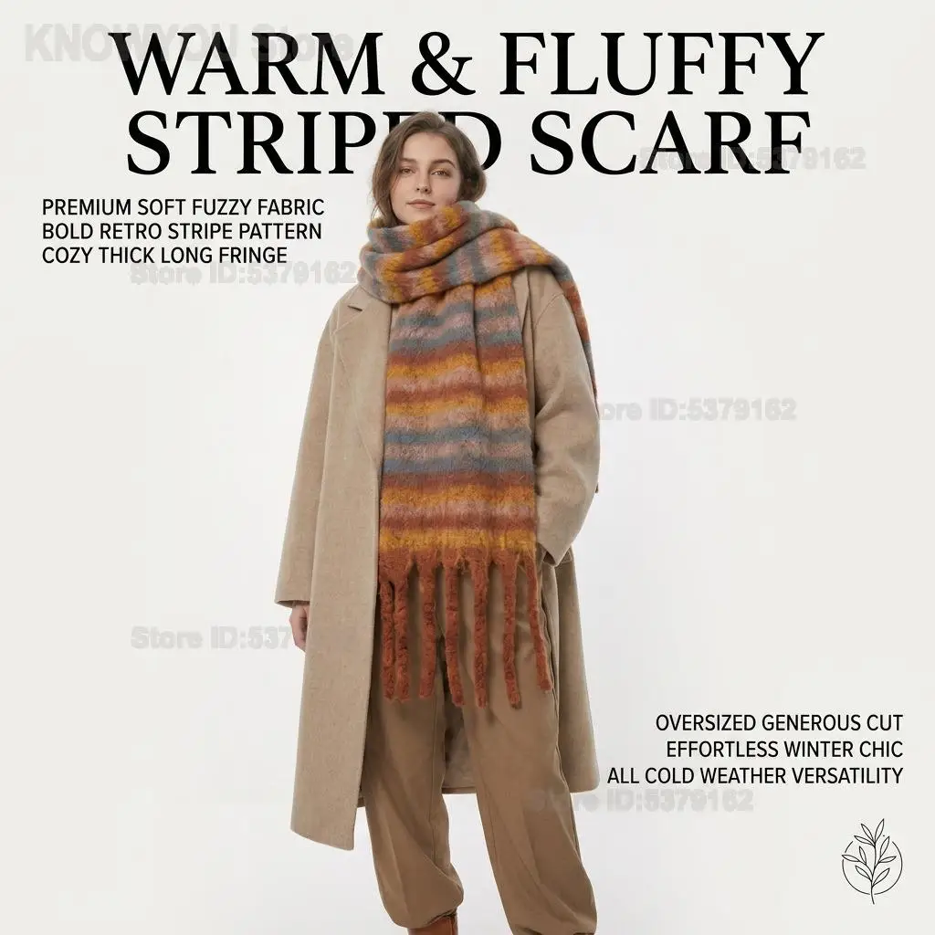 Women Autumn Winter Faux Cashmere Scarf High Sense Warm Shawl Mohair Striped Thick Color Block Neck Wrap Daily Outfit Accessory