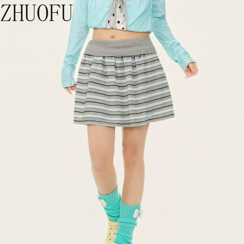 Sweet Striped Splicing Women's Skirt Korean Design Fashionable Casual Versatile High Waist Thin A-line Short Skirts Ladies New
