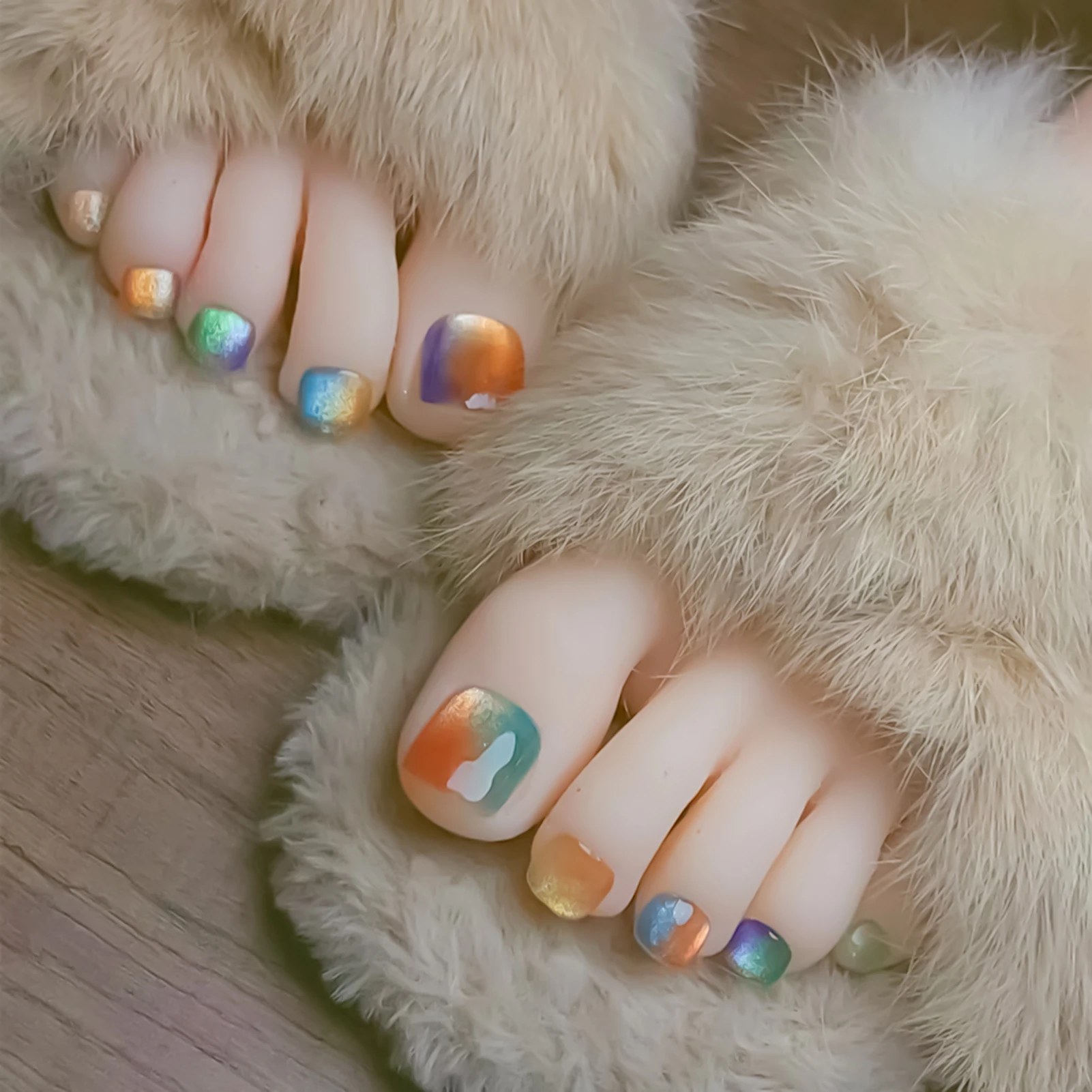 24Pcs Fake Toenails Colorful Cat Eyes Short Square Press On Toes Nails Simple Charm False Nails for Foot Summer DIY Manicure