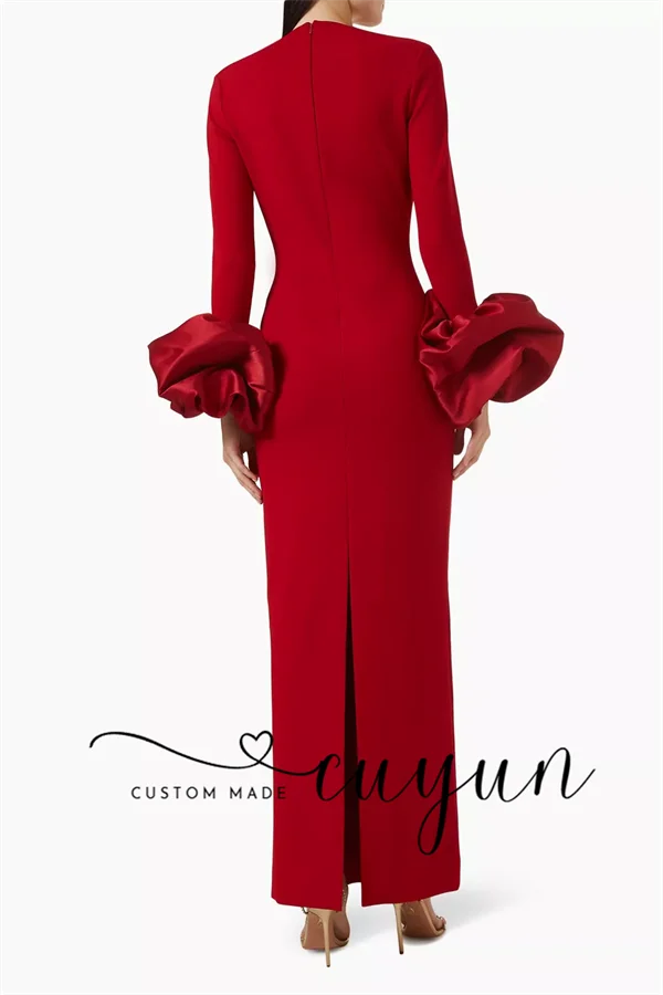 CUYUN Aangepaste Rode Enkellange Vrouwen Feestjurken Diepe V-hals Lange Mouwen Prom Avondjurken Bruiloft Banket Diner