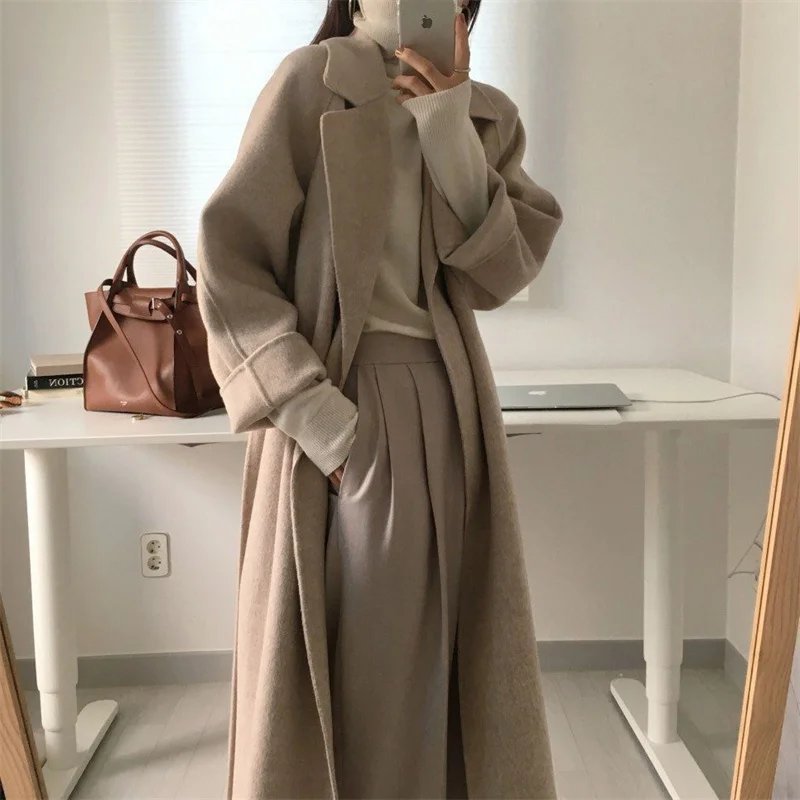 Chic Thick Warm Lapel Lace-up Pockets Loose Woolen Coat 2024 Autumn Winter New Korean Female Long Oversize Casual Women Clothes