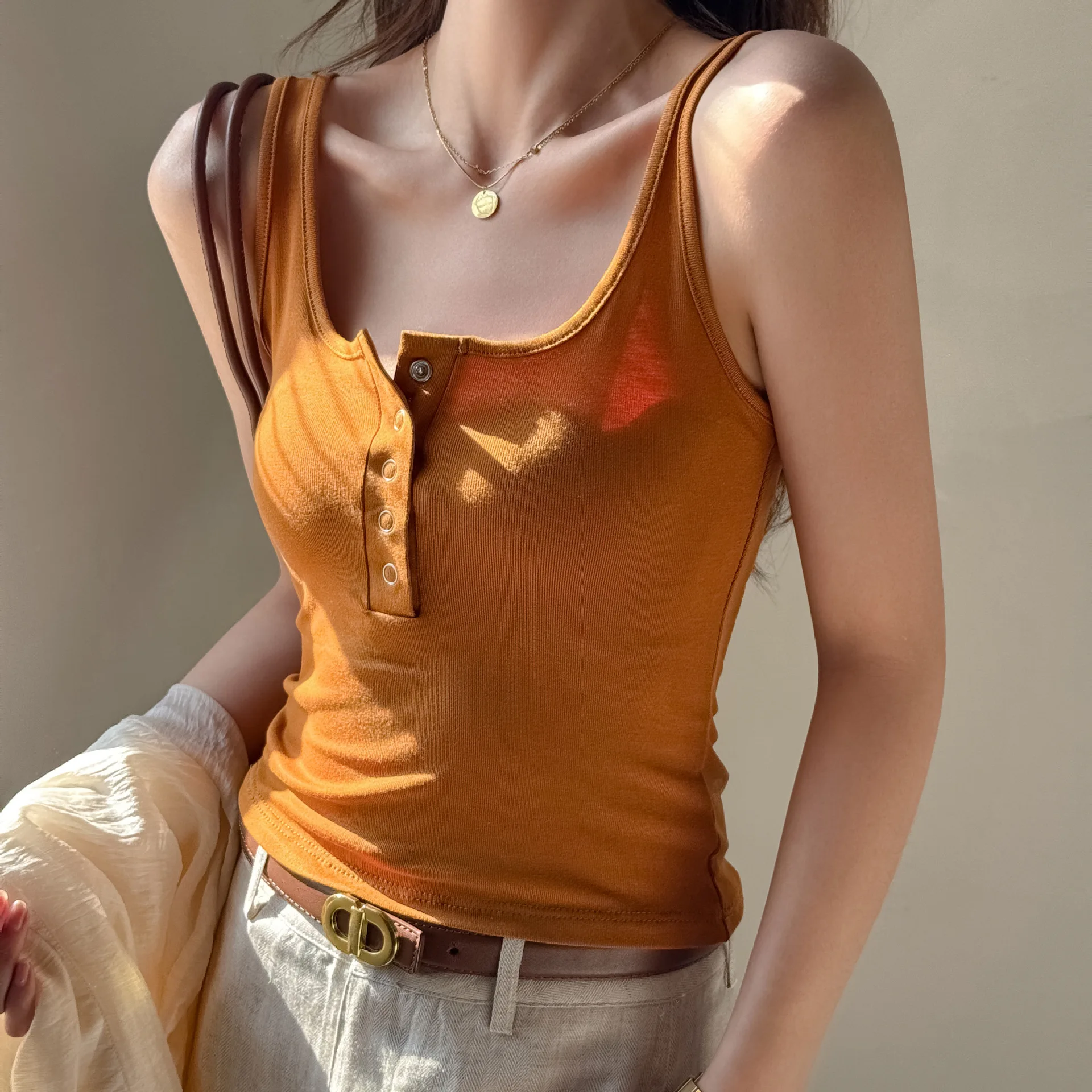 Fashionable Threaded Strap Vest Women's Outerwear Base Shirt Spring Summer Design Button up Comfortable Underwear Top