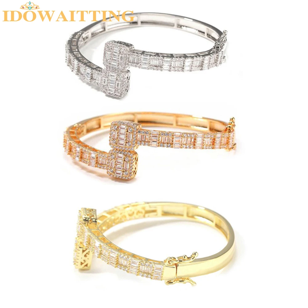 2024 Luxury Fashion Bling CZ Custom Opened Square Cubic Zircon Iced Out Gold Color Hip Hop Women Men Couple Bracelet Bangle