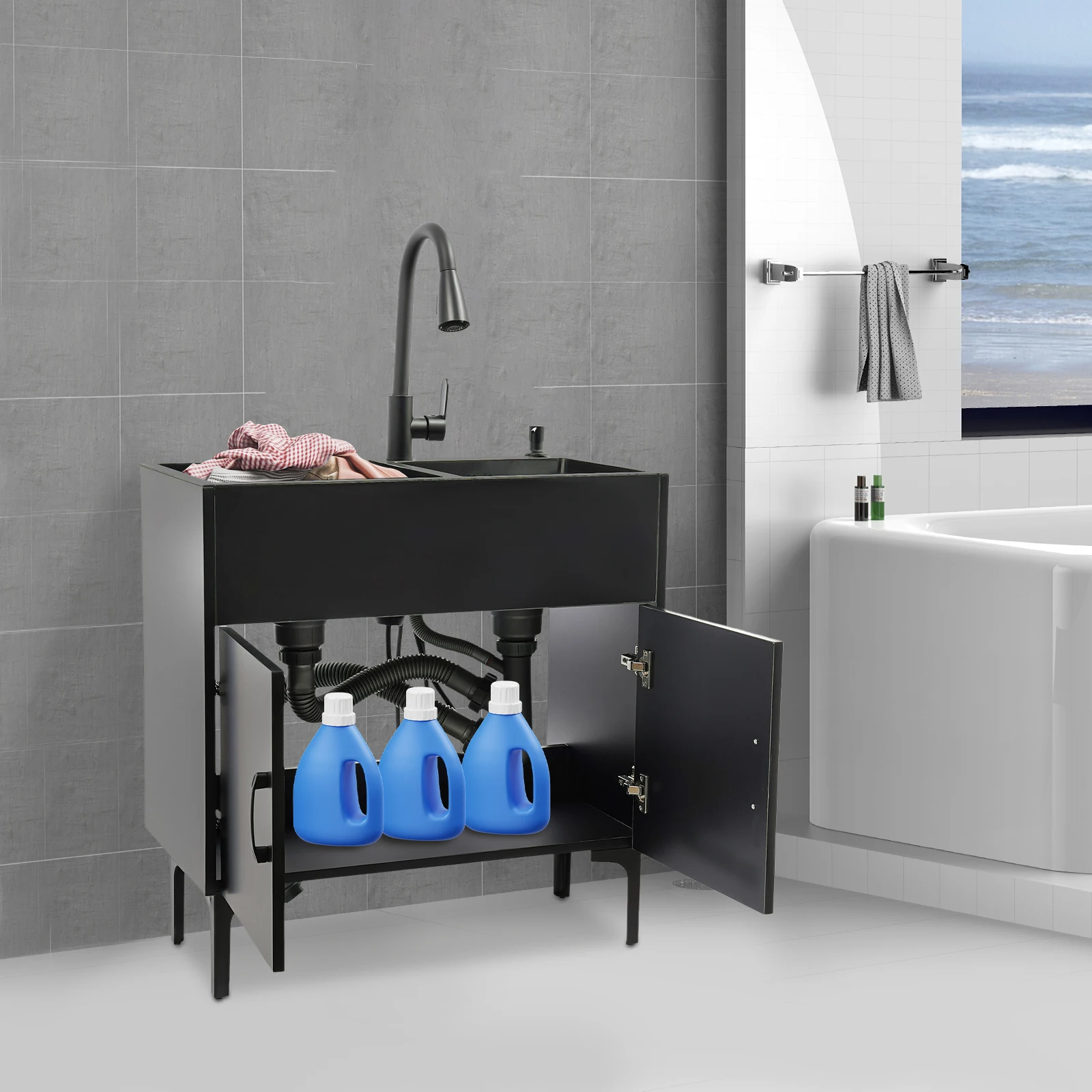 

Отдельно стоящий шкаф для двойной раковины для белья с выдвижным смесителем, V-образными дренажными трубами, сливная корзина для кухонь, ванных комнат