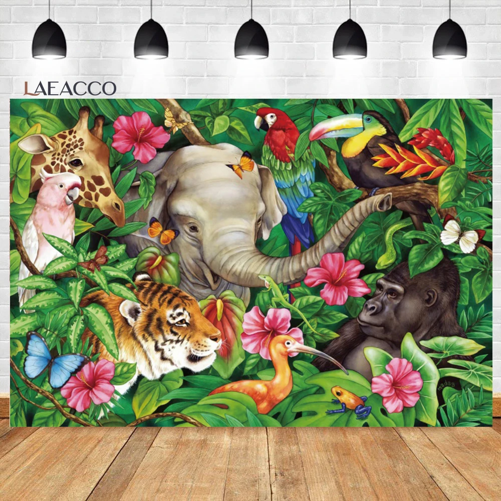 

Laeacco African Wild Animals Background Tropical Jungle Kid Safari Birthday Baby Shower Portrait Customized Photography Backdrop