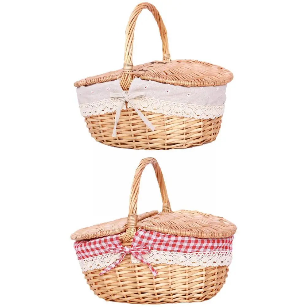 Country Style Wicker Basket With Handle Wicker Camping With Lids Shopping Picnic Hamper Storage Basket Basket Double D5H3