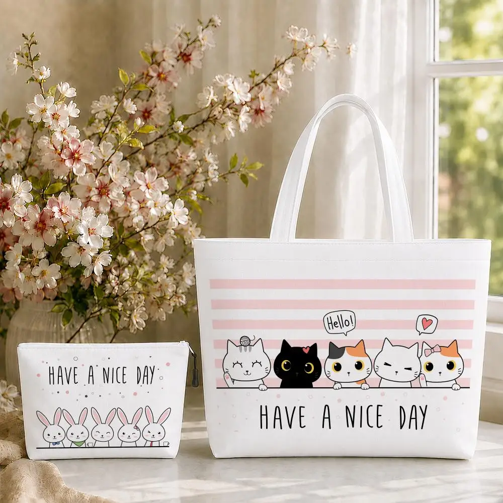 HAVE A NICE DAY Cute Animal Storage Bags 2PC Double-Sided Print Canvas Makeup Pouch Set Tote Bag Work Travel Set