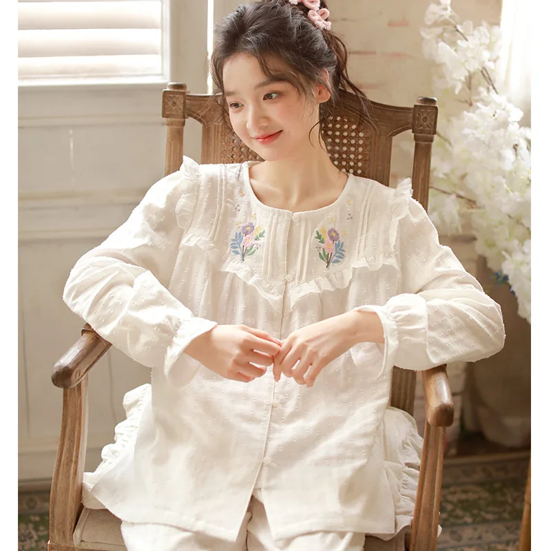 

2026 Spring Autumn New Women's Woven Cotton Pajamas Set Sweet Cute Fashion Princess Style Long Sleeve Wearable Outside Loungew