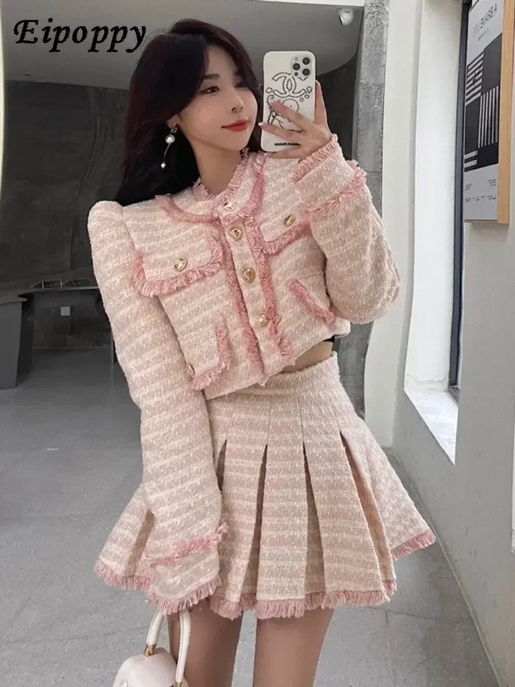 سترة قصيرة تويد معطف وتنورة للنساء ، عطر صغير ، شرابة ، موضة كورية ، حلوة ، بذلات من قطعتين ، جودة عالية