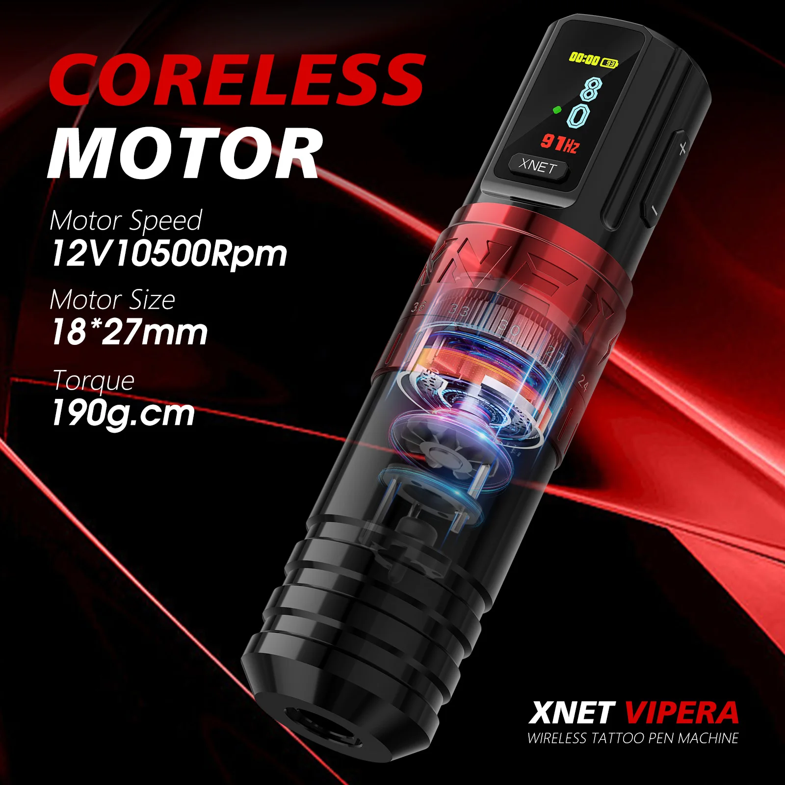 XNET VIPERA Wireless Tattoo Machine Pen Adjustable Stroke 2.4-4.2mm OLED Display 2400mAh Battery For Tattoo Artists