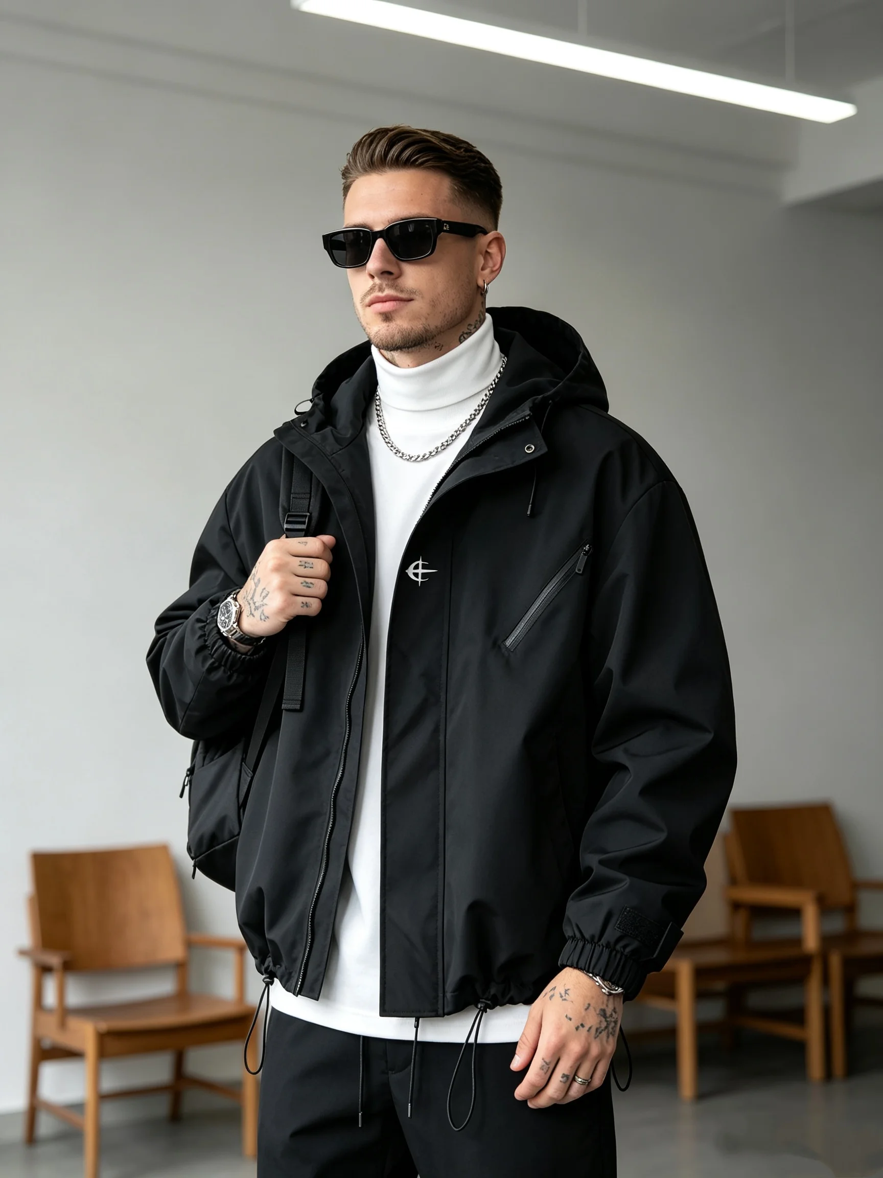 Men's Hooded Windbreaker Jacket, Back Cherry Blossom Graphic Print Streetwear Coat, Zipper Pockets Drawstring Hem Casual Outerwe