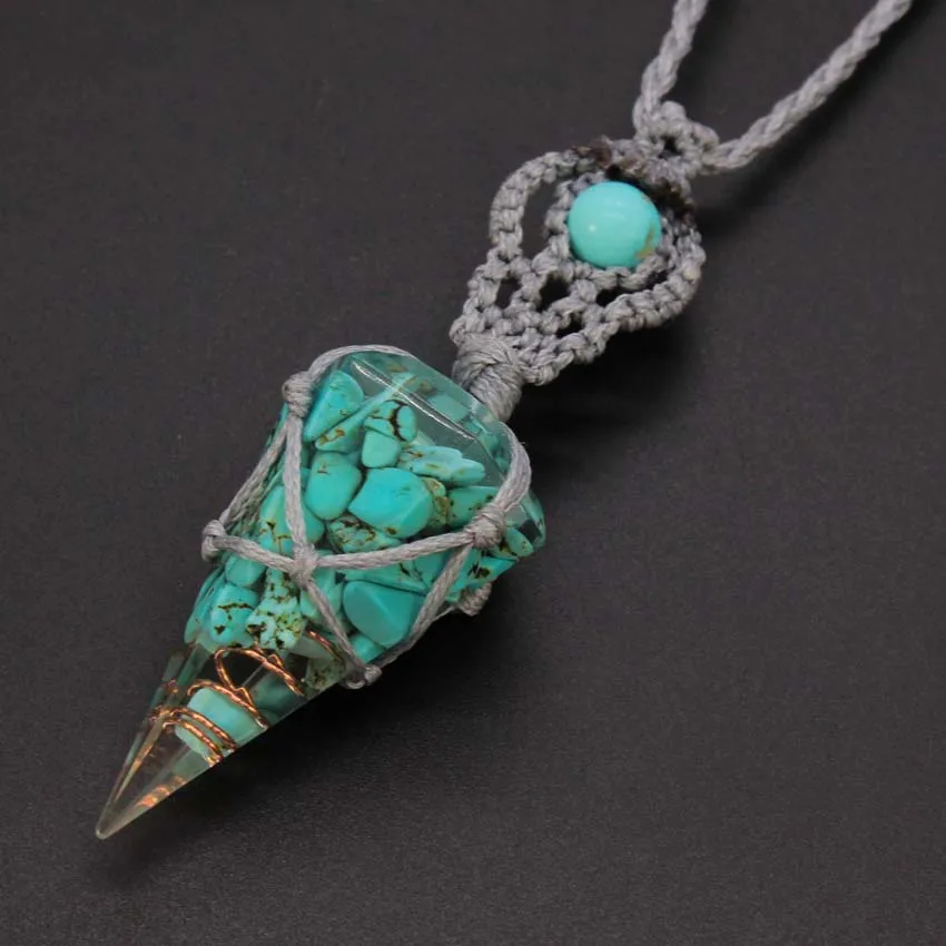 Natural Crystal Chip Stone Braided Macrame Resin Pendant Necklace For Women Handmade Thread Wrapped Weave Chain Necklace Jewelry