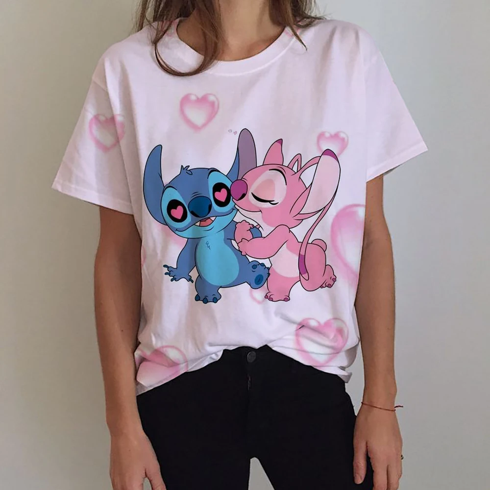 

Disney 2025 T-shirt Cute and Funny Female Cartoon Lilo&Stitch Pattern Short Sleeve T-shirt Casual Fashion Printed Clothing