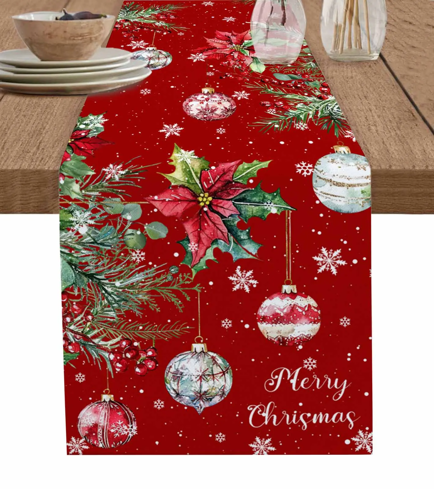 Snowflake Christmas Ball Poinsettia Red Table Runner Table Decor 2024 Home Tablecloth Xmas Ornament Navidad Natal New Year Gift