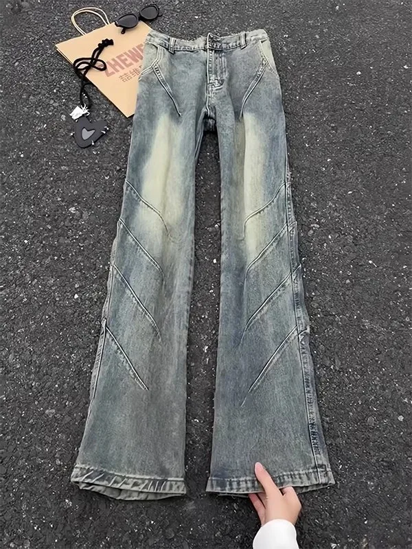 

Retro Blue Deconstructed Design Men's Straight Leg Jeans American High Street Vibe Workwear Trousers Folded Micro Flare Pants