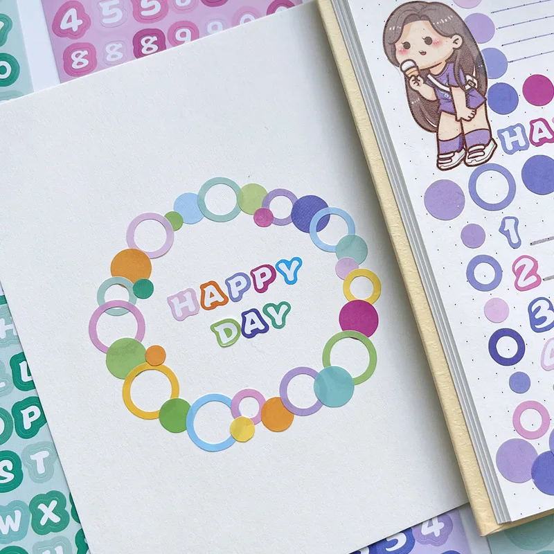 12 Sheets Cute Number Letter Cream Gradient Dot Decorative Stickers for Diary Planners Mark Poster Cards Multifunction Material