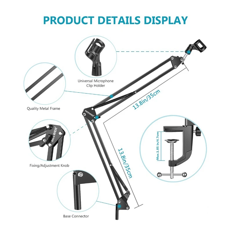 Extendable Recording Microphone Holder Suspension Boom Scissor Stand Holder With Mic Clip Table Mounting Clamp-Y41A