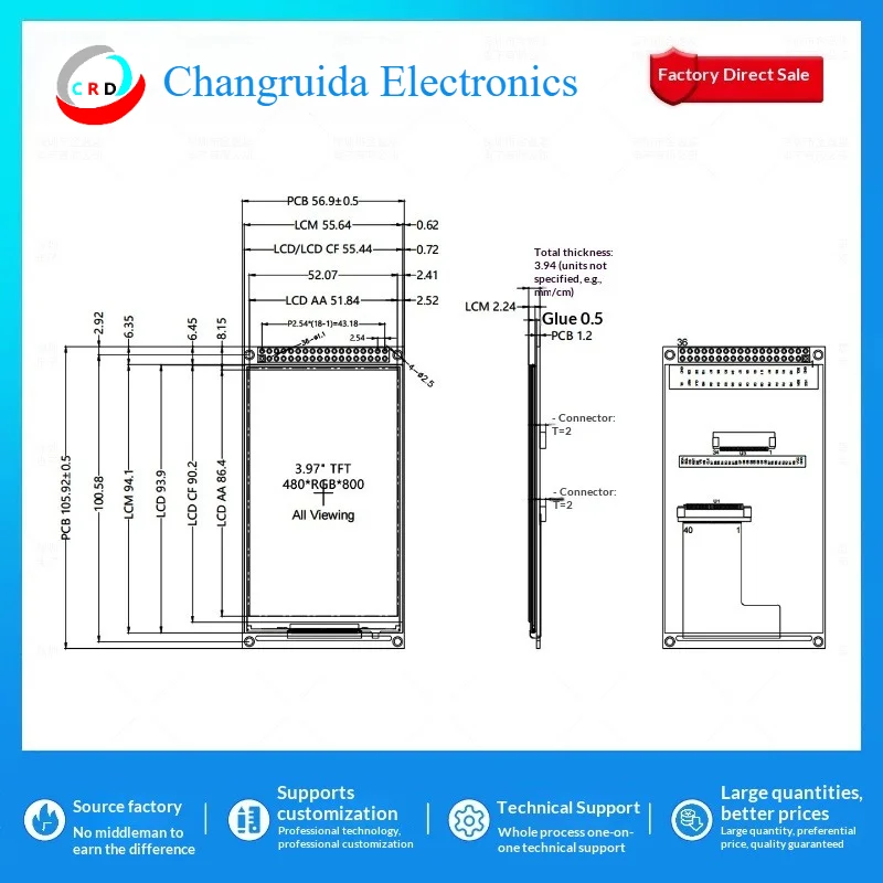 3.97 Inch TFT LCD Module 480x800 ST7701 Driver IC RGB 24-bit IPS Display for Handheld Device MCU
