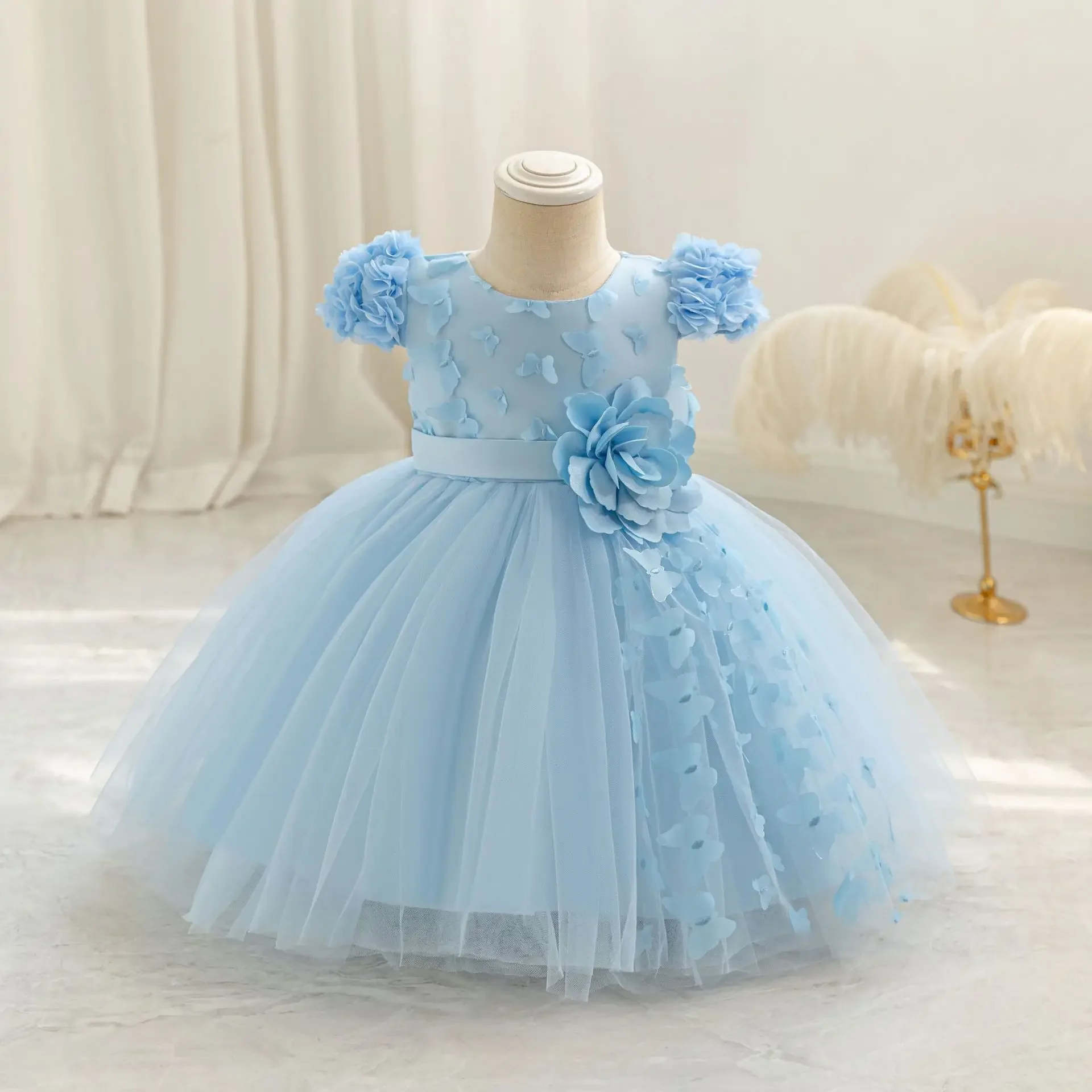 Baby Girl Butterfly Dress Sky Blue Kids Cute Tutu Sweet Holiday Ball Gown Summer Children's New Year Costumes 1-5Y