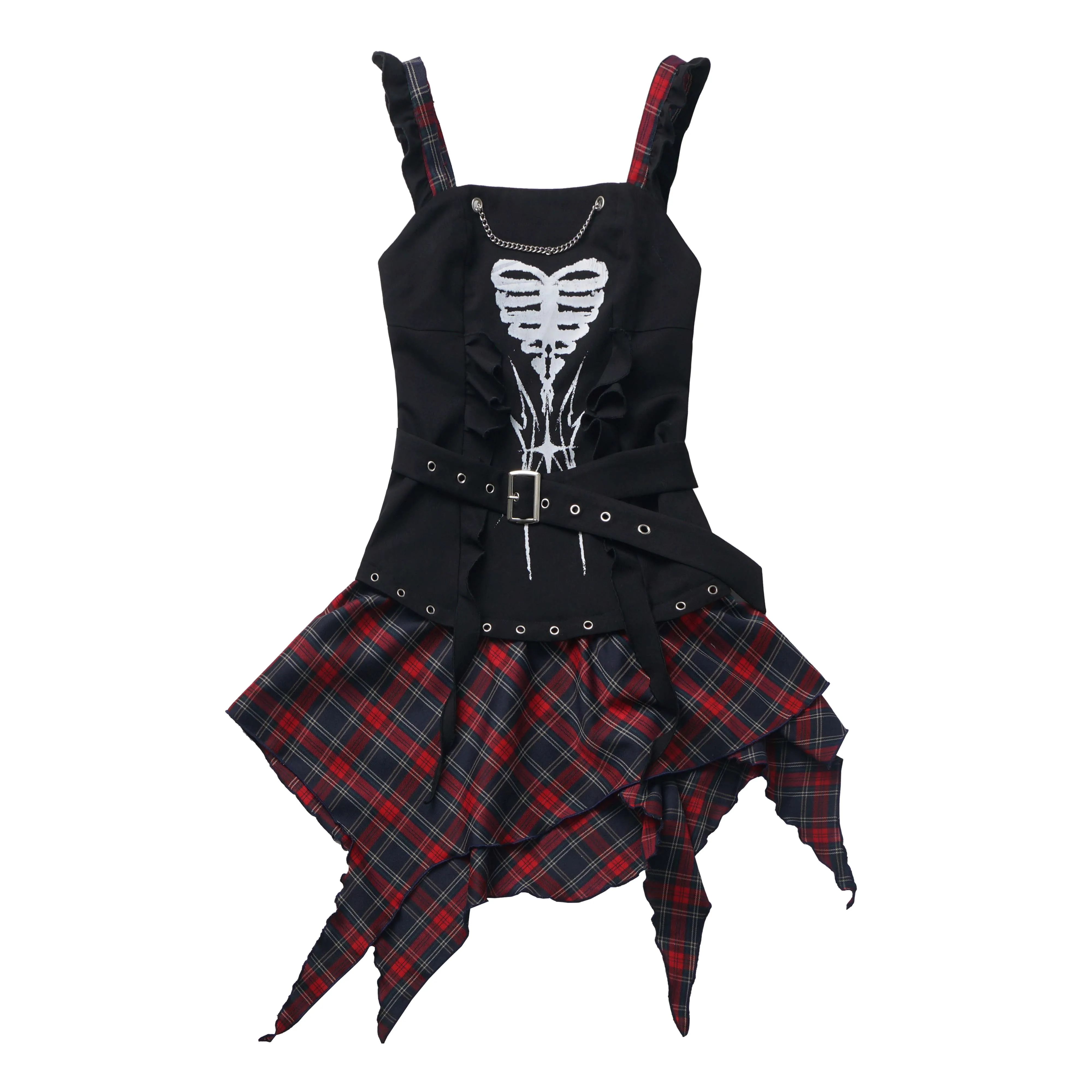 2024 New Spring Summer Girl Women\'s Off Shoulder White Top Slim Camisole Irregular Hem Plaid Dress and Short Skirt Set Outfits