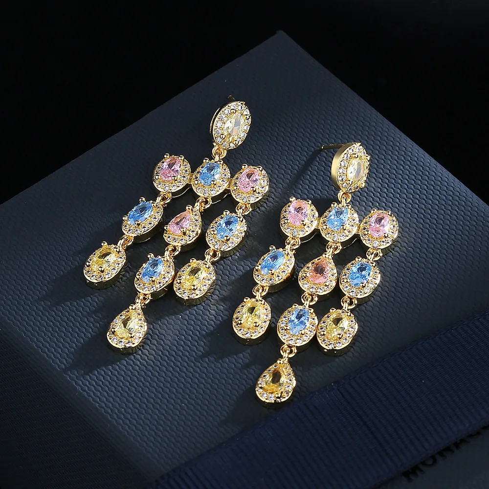 S925 الفضة الفاخرة مايكرو مجموعة الزركون رائعة الملونة الزركون كبار الأقراط الطويلة السيدات حفلة عيد ميلاد مجوهرات هدية