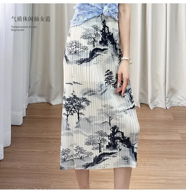 Demi-jupe imprimée avec peinture à l'encre chinoise, avec plis et ceinture élastique, demi-jupe amincissante, jupe plissée trapèze, nouvelle collection été