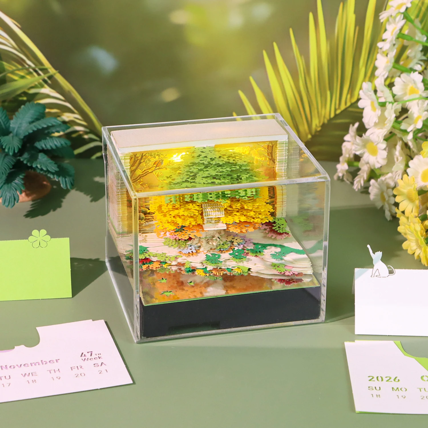 Novel Gift Removable Leaf - 3D Tree House Model Tear-off Paper Calendar Notebook with Music Player for Home Office Desktop Decor