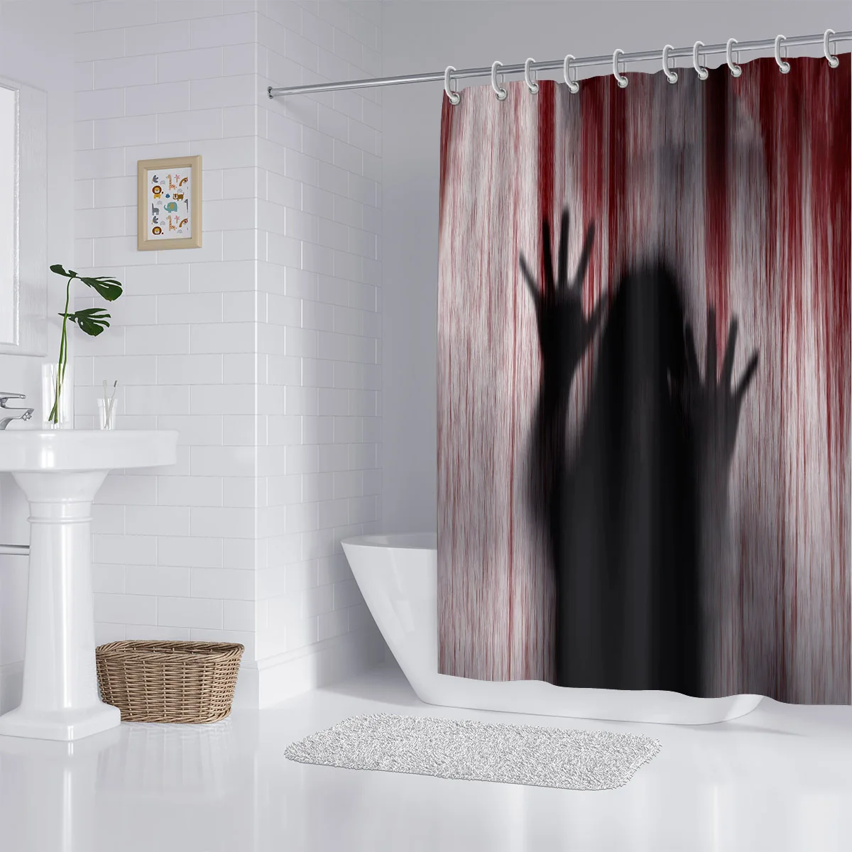 Halloween Shower Curtain Spooky Female Blood Ghost ,Shadow Bloody Handprint Haunted House Shower Curtain for Bathroom Decoration