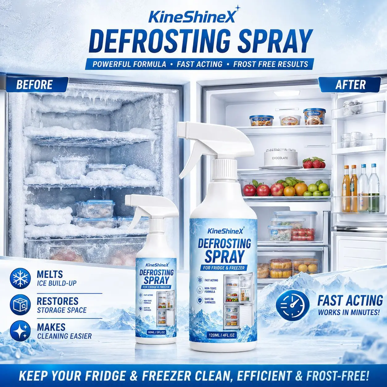 60/120ml Freezer Frost Remover Fridge Freezer Defroster Spray Anti Frost Ice Removal Spray Quickly Removes Ice Buildup Spray
