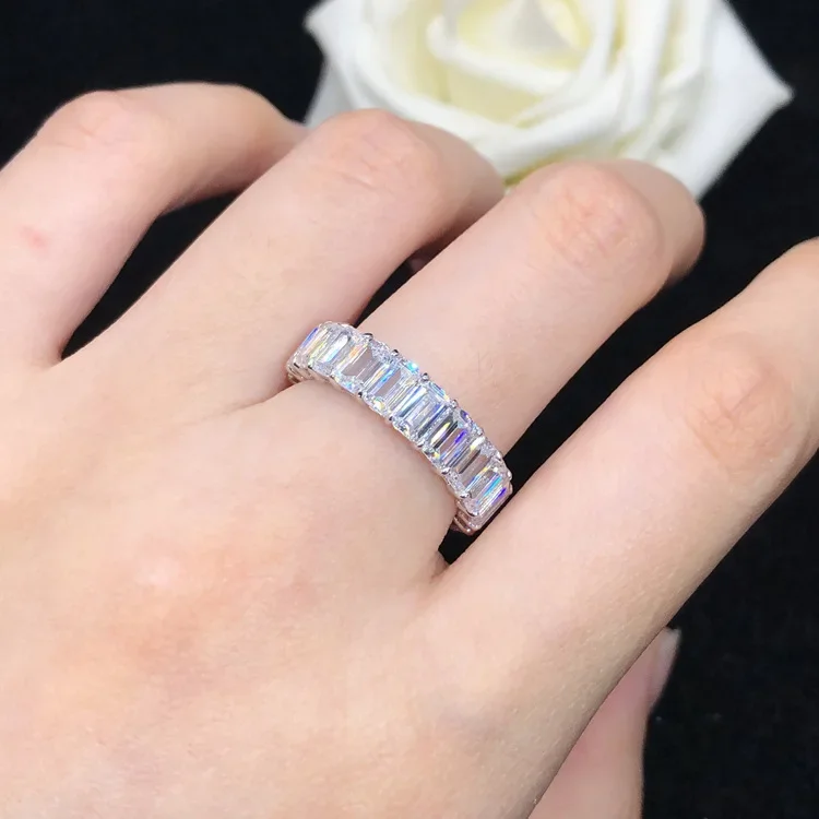 Solid 14K White Gold AU585 Platinum PT950 Solitaire 50 points Ice Candy Emerald Cut Row Fashion Classic Ring for Women