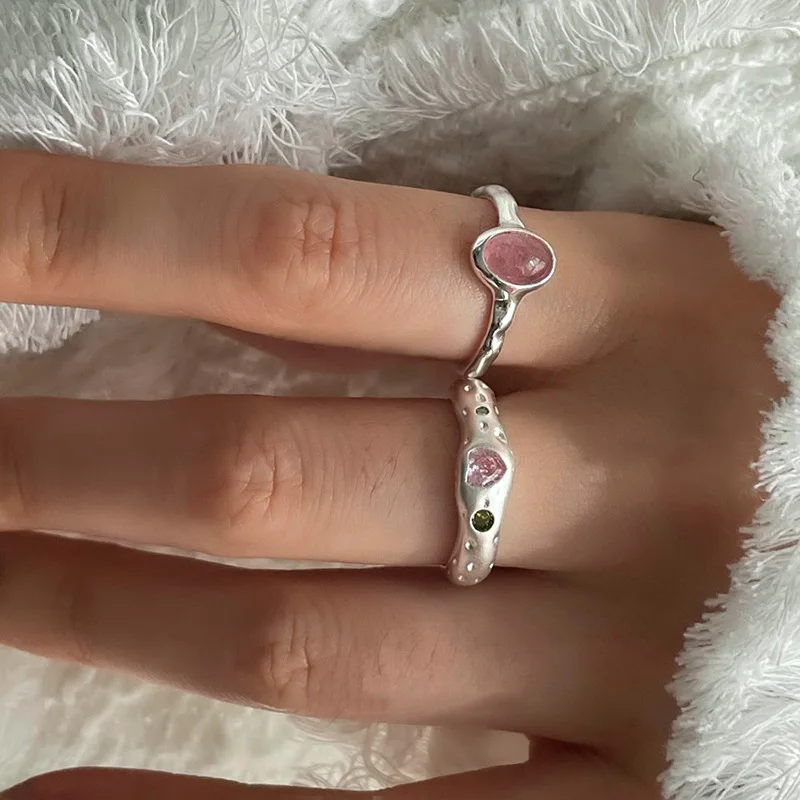 Anillo de Plata de Ley 925 con Piedra Rosa para mujer, sortija con diseño geométrico, abierta, hecha a mano