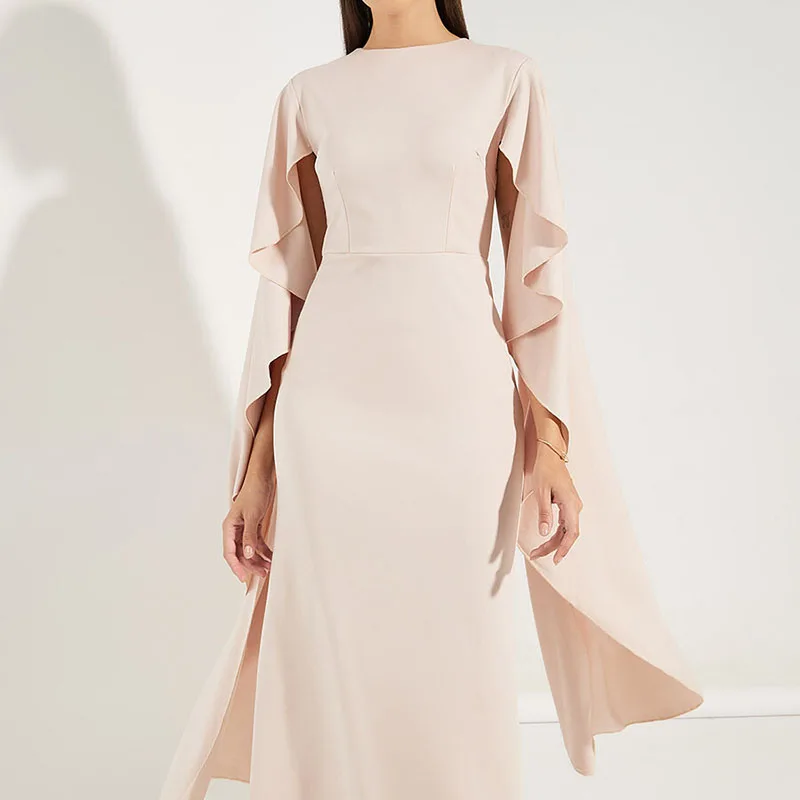 

Женское повседневное вечернее платье с шалевыми рукавами и рюшами, элегантное тонкое платье с высокой талией, вечернее платье, модное темпераментное длинное платье с круглым вырезом